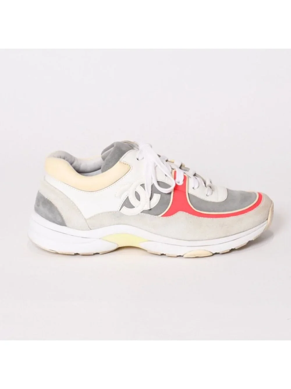 Chanel CC Logo Suede Sneakers White Gray